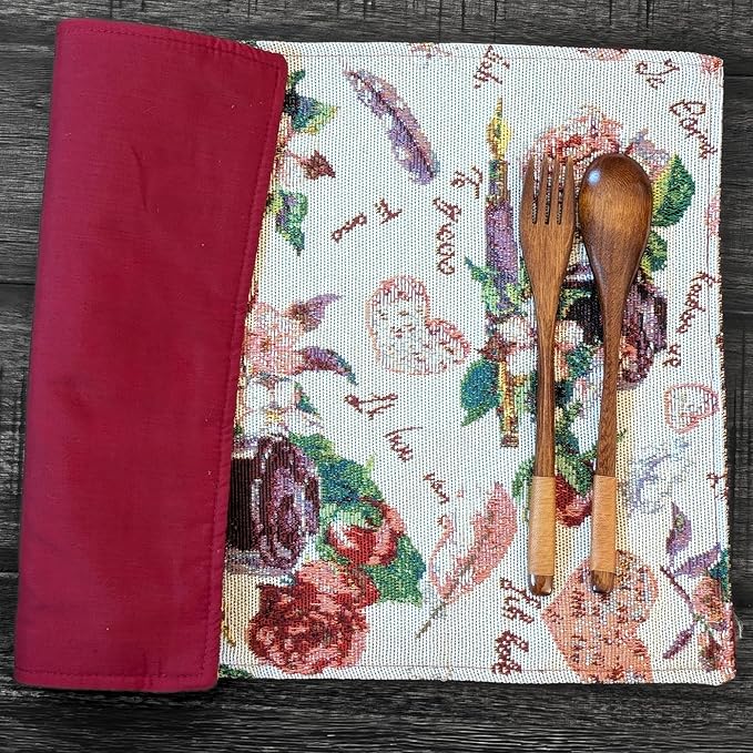 DaDalogy Set of 4-Pieces Authentic Tapestry Placemats - Spring Floral Vintage Looking Love Notes Quil Romantic British Roses - Heart Decorative Woven Dining Under Plate Table Mats - 13” x 19”