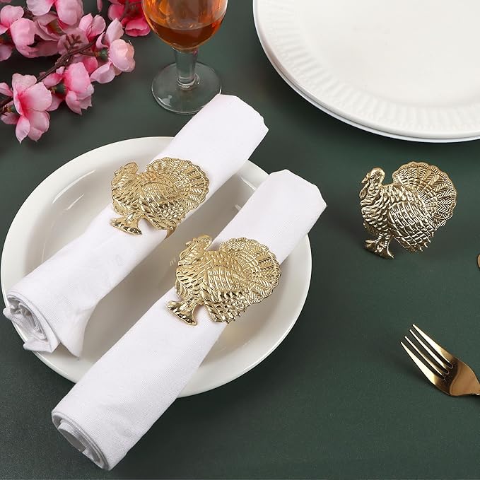 Napkin Rings Set of 12, Metal Napkin Holder Cuffs for Dinner Table Décor, Thanksgiving Turkey Bird Farmhouse Modern Serviette Rings for Christmas, Weddings, Receptions, Gold - CLEENTABLE