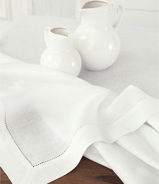 Solino Home Linen Tablecloth for Rectangle Tables 60 x 140 Inch - Classic Hemstitch 100% Pure Linen White Table Cloth - Machine Washable Cloth Tablecloth for Winter, Valentines, Spring, Easter