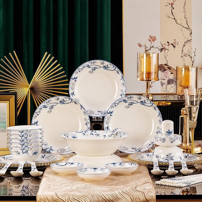 38 Pcs Fine Bone China Dinnerware Set,Porcelain&Ceramic Dinnerware Sets,Bone Stoneware & Ceramic Cookware Tableware Set Includes Dinner Plates|Spoons|Pasta Bowls|Soup Pot|Chopsticks