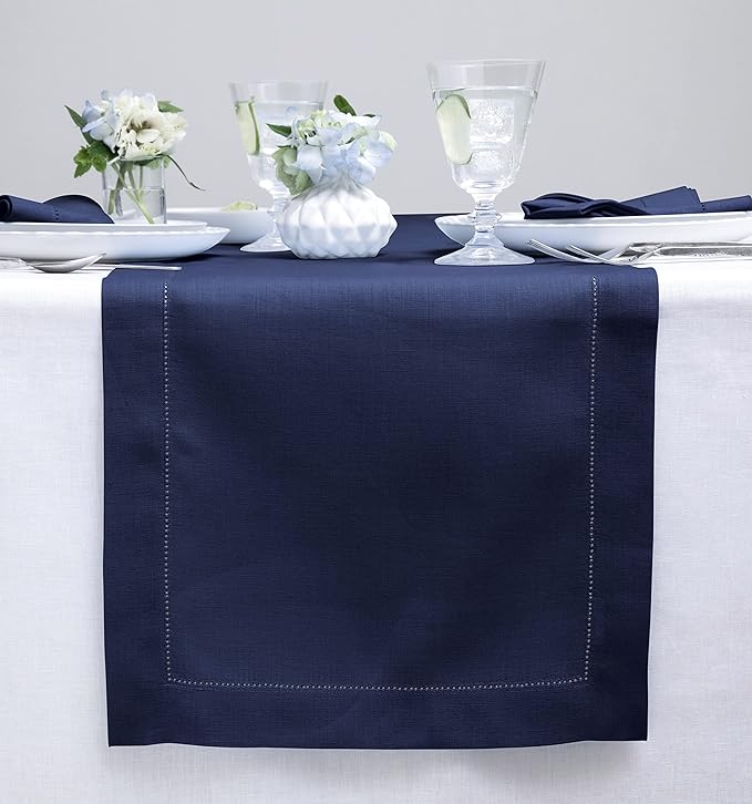 Solino Home Linen Navy Blue Table Runner 60 Inches - Classic Hemstitch, 100% Pure Linen Coffee Table Runner 14 x 60 Inch Ideal for Dresser Tables - Easter