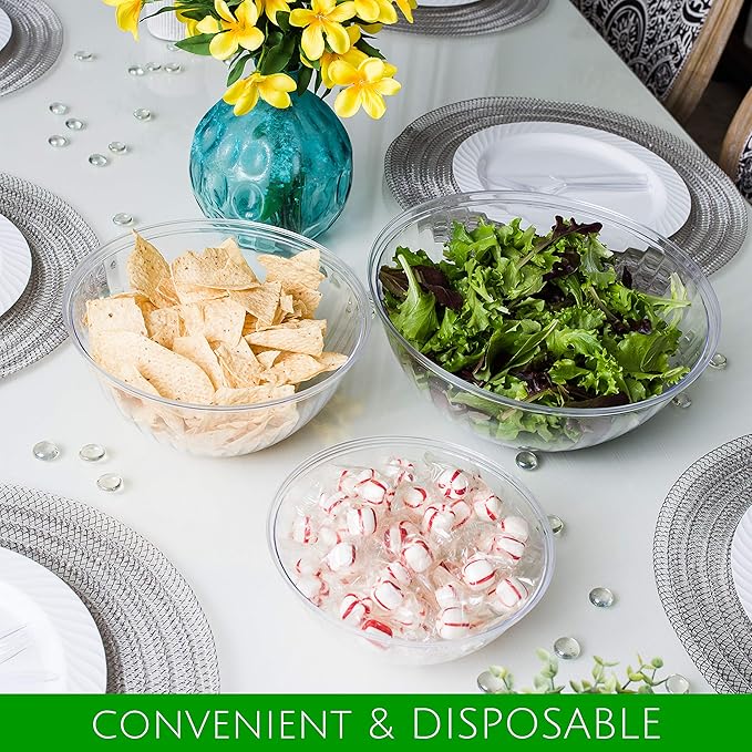 PLASTICPRO Disposable 48 Ounce Round Crystal Clear Plastic Serving Bowls, Party Snack or Salad Bowl, Chip Bowls, Snack Bowls, Candy Dish, Salad Container Pack of 8
