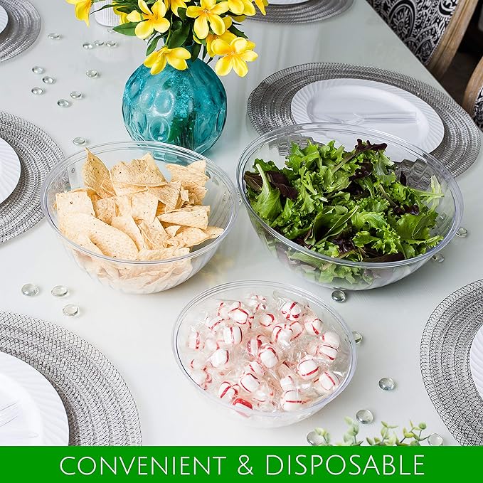 PLASTICPRO Disposable 96 Ounce Round Crystal Clear Plastic Serving Bowls, Party Snack or Salad Bowl, Chip Bowls, Snack Bowls, Candy Dish, Salad Container Pack of 8