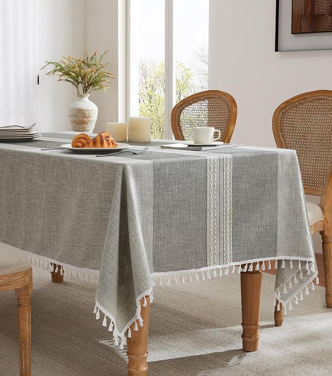 ZeeMart Contrast Linen Table Cloth Rectangle Table Cloths 52x70 Inch Mid-Stripe Grey, Farmhouse Style Heavy Weight Grey Tablecloth, Water Resistant Burlap Tablecloths