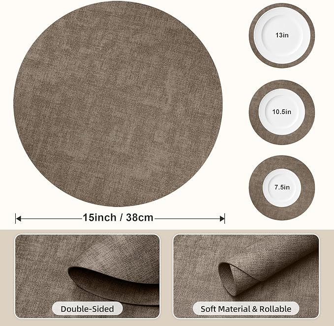 15 inch Faux Leather Round Placemats Set of 4 Non-Slip Washable Wipeable Table Mats, Heat Resistant Waterproof Oilproof Dark Coffee Place Mats for Kitchen, Dining, Party, Indoor, Outdoor