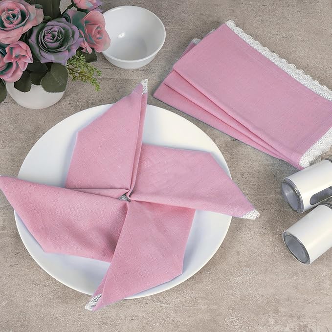 FINGERCRAFT Dinner Cloth Napkin Cotton Linen Blend 4 Pack Mitered Corners with Elegant Lace for Everyday Use Napkins are Pre Shrunk and Good Absorbency Pastel Rose