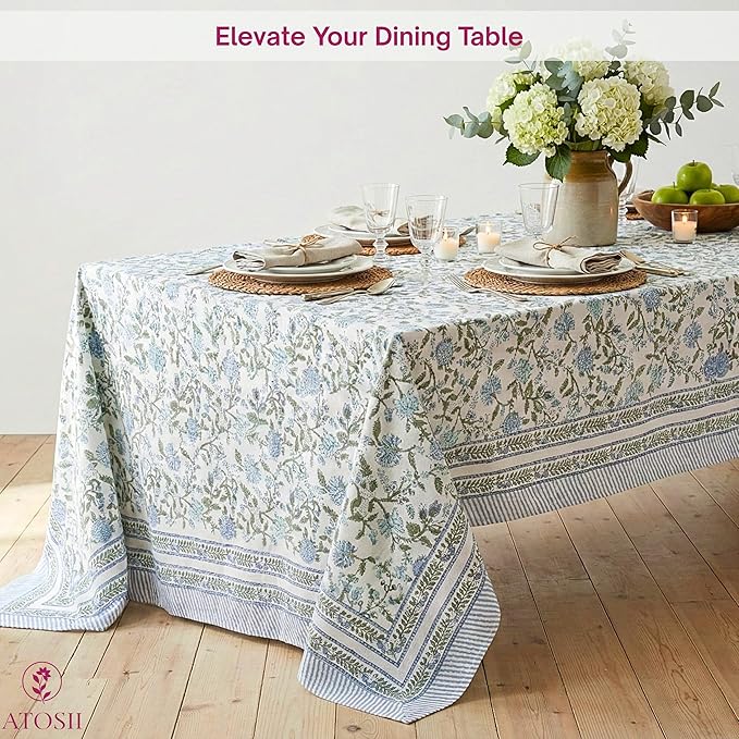 ATOSII Mahoka Blue 100% Cotton Fall Tablecloth, Handblock Floral Linen Table Cloth for Kitchen Dining Table I Parties Weddings Outdoors Easter Valentine's Gift I 60 X 90 Inches I 6 Seater