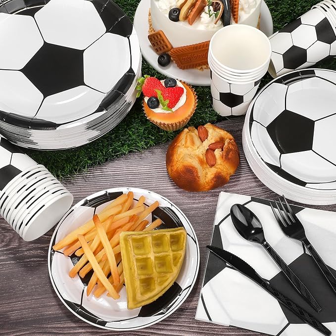Kochorie 400 Pieces Soccer Disposable Party Tableware Sets Including Plates Cups Napkins Cutlery Serves 50 for Soccer Games Sports Birthday Party Decorations