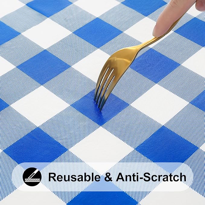 Smiry Rectangle Picnic Table Cloth, Elastic Waterproof Fitted Vinyl Tablecloths, Flannel Backed Buffalo Plaid Table Covers for Dining, Camping, Outdoor (White and Blue, 36" x 60")