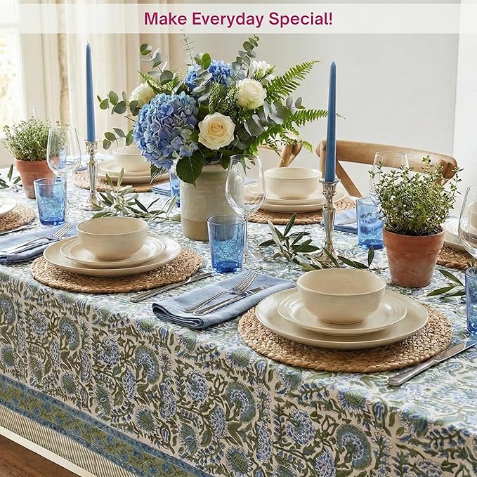 ATOSII Clover Blue 100% Cotton Square Fall Tablecloth, Handblock Floral Linen Table Cloth for Kitchen Dining Table I Parties Christmas Thanksgiving I Fall Home Decor 60 X 60 Inches I 4 Seater