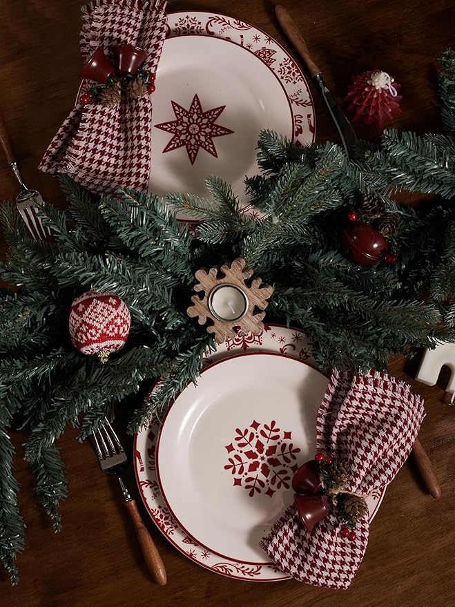 Bico Holly Jolly Salad Plates Set of 4, 8.75 Inch Ceramic Dessert Plates for Salad, Appetizer, Side Dishes, Microwave and Dishwasher Safe, Gift for Housewarming and Christmas