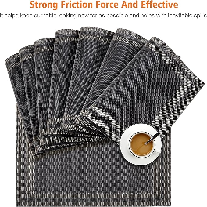 Placemats Set of 8,Washable,Heat and Stain Resistant Indoor/Outdoor Place mats,Vinyl Woven Non Slip Table Mats for Restaurant Table Protection,PVC Placemats(Black Gold 8PCS)