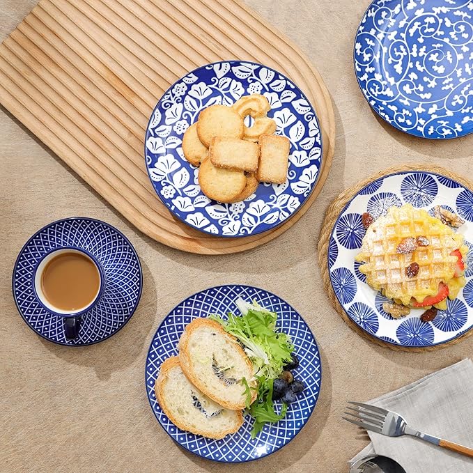 Selamica Ceramic Dessert Plates Set of 6, 6 Inch Appetizer Plates for Kitchen, Microwave & Dishwasher Safe, Vintage Blue