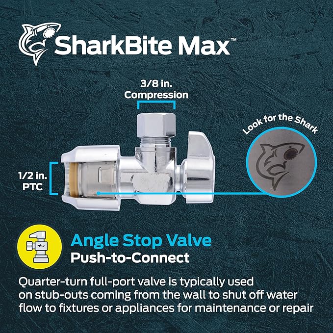 SharkBite Max 1/2 x 3/8 Inch Compression Angle Stop Valve, Quarter Turn, Push to Connect Brass Plumbing Fitting, PEX Pipe, Copper, CPVC, PE-RT, HDPE, UR23036