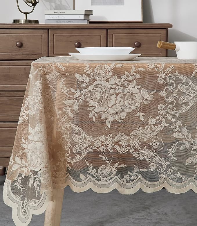 Warm Home Designs 60 x 120 Lace Tablecloth. Linen Gold Rectangle Tablecloth with English Rose Design. Rectangular Tablecloth, Rustic Tablecloth or Dining Table Cover for 10-12 Guests. LTC Linen 120"