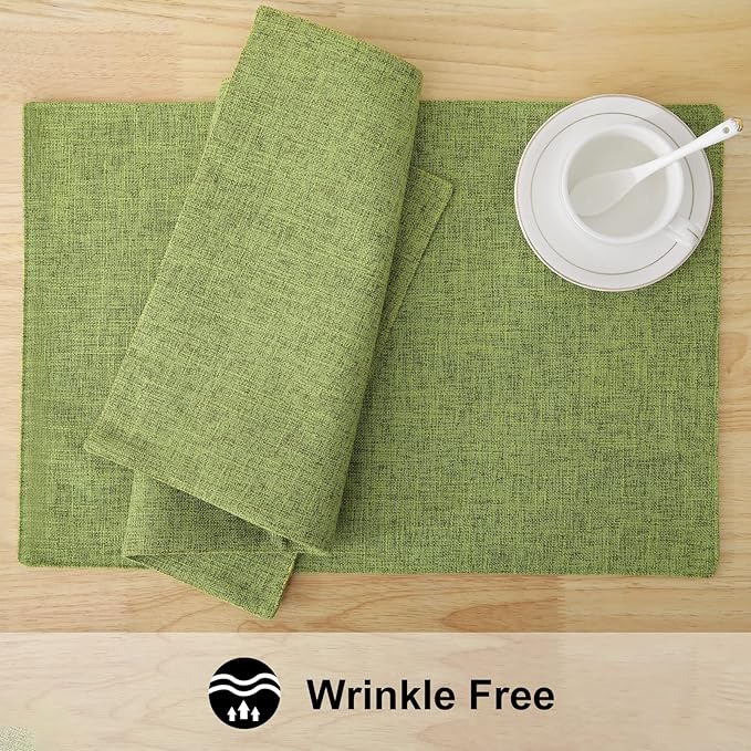 homing Cotton Linen Placemats Set of 6, Cloth Washable Farmhouse Dining Table Mats for Indoors & Outdoors, Easy to Clean, Grass Green, 13 x 19 Inch