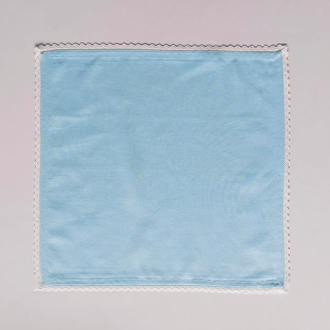 FINGERCRAFT Dinner Cloth Napkin Cotton Linen Blend 4 Pack Mitered Corners with Elegant Lace for Everyday Use Napkins are Pre Shrunk and Good Absorbency Sky Blue