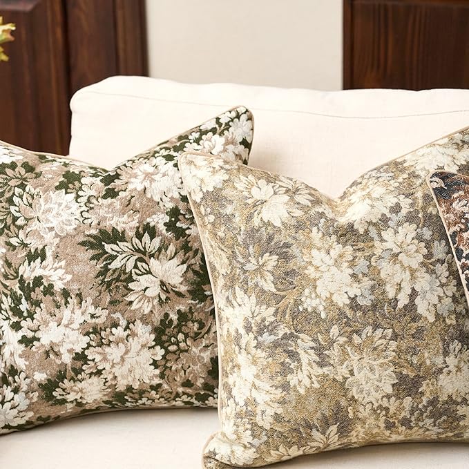 Yangest Neutral Floral Pillow Cover 20 x 20 Inches, Vintage Chenille Square Throw Pillow Cover Soft Decorative Farmhouse Accent Couch Pillow Cover for Living Room Bedroom, Green
