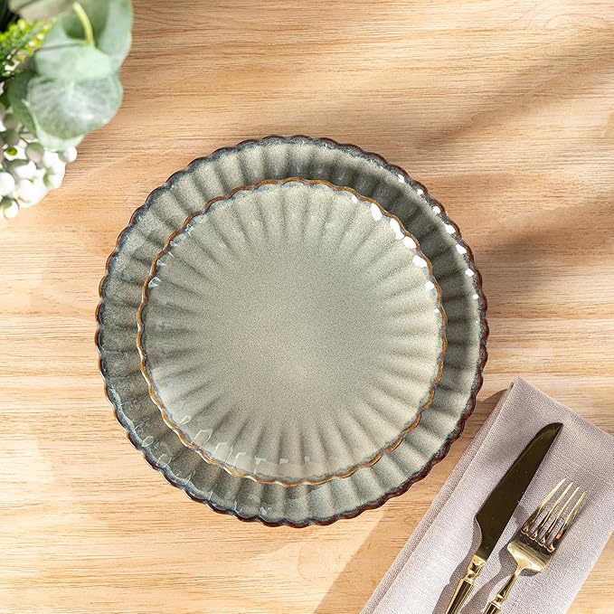 GBHOME Stoneware Dinnerware Sets for 4,Handcrafted Embossed Design Reactive Glaze Ceramic Plates and Bowls, Dishwasher and Microwave Safe, Service for 4(12pcs),Green Wheat