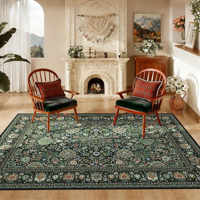 Dark Green Rug 3x5 Area Rug with Non-Slip Backing, Washable Rugs for Bedroom Living Room Kitchen, Distressed Carpet Printed Low-Pile Soft Dorm Rug Room Decor