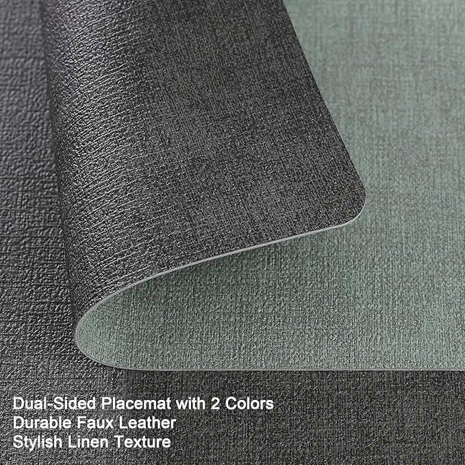 Myir JUN Dual Sided Faux Leather Placemats Set of 4 for Indoor Outdoor Dining Tables, Square Non-Slip Washable Wipeable Table Mats (Gray Sage Green)
