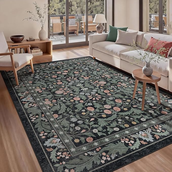 Dark Green Floral 5x7 Area Rugs for Living Room Large Washable Rug Vintage Forest Low Pile Non Slip Stain Resistance Soft Carpet for Dining Room, Bedroom, Office Rug, Kids Room, Nursery Room, Playroom