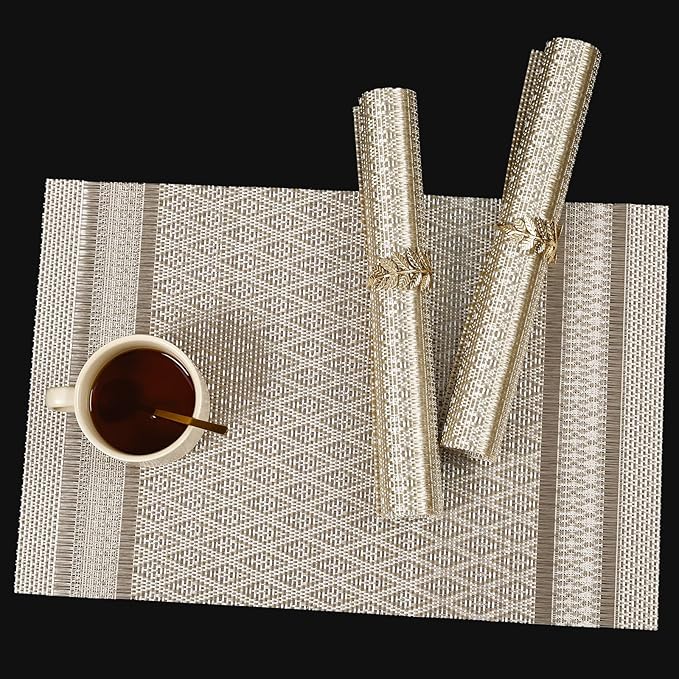 FAVE Placemats Set of 6 Golden Placemats Woven with Silver Thread Durable and Wipeable Vinyl Placemats Heat Resistant Table Mats Set of 6 High Texture Place Mats for Kitchen Table(Golden)