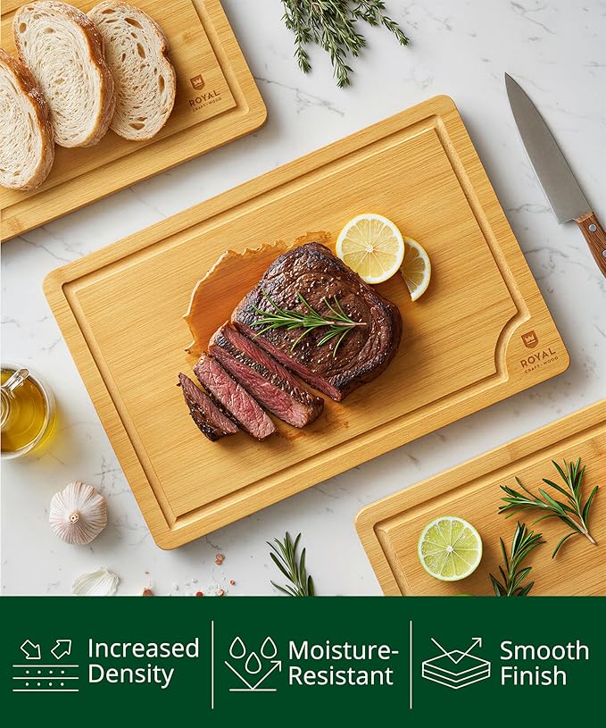 ROYAL CRAFT WOOD Premium Cutting Board Set – Non Toxic Bamboo & Wooden Cutting Boards for Kitchen Meal Prep, Durable Butcher Block for Meat with Side Handles, Deep Juice Groove, Charcuterie & Chopping