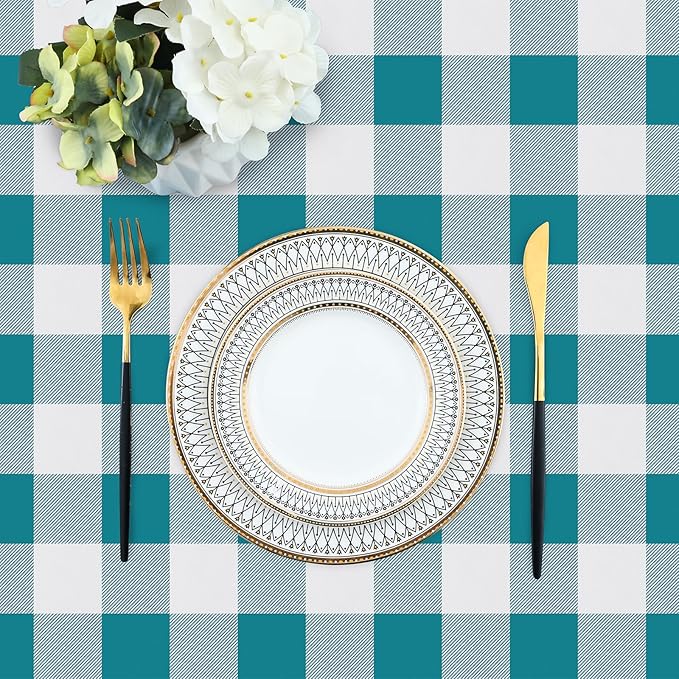 misaya Rectangle Waterproof Vinyl Table Cloth, Buffalo Flannel Backed Tablecloth, Wipeable Plastic Table Cover for Dinner, Kitchen, Outdoor (54" x 78", Turquoise and White)