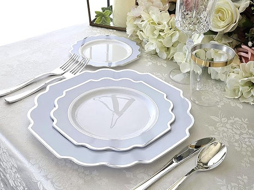 " OCCASIONS " 80 Plates Pack,(40 Guests) Heavyweight Premium Wedding Party Disposable Plastic Plates Set -40 x 10.5'' Dinner + 40 x 8'' Salad/Dessert (Imperial in White/Blue & Silver)