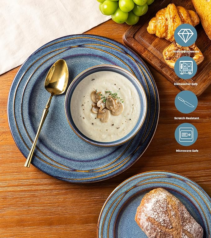 GBHOME Ceramic Dinnerware Sets,12 pcs Embossed Elegant Stoneware Plates and Bowls Sets, Housewarming Wedding Gift | Dishwasher & Microwave Safe | Dishes Set Service for 4,Ceylon Blue