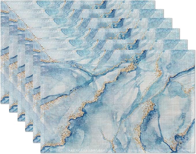 Marble Placemats Set of 6,Blue Gold Elegant Marbling Place Mats Heat Resistant Washable Non-Slip Table Mats for Party Kitchen Dining Decor 12x18 Inch