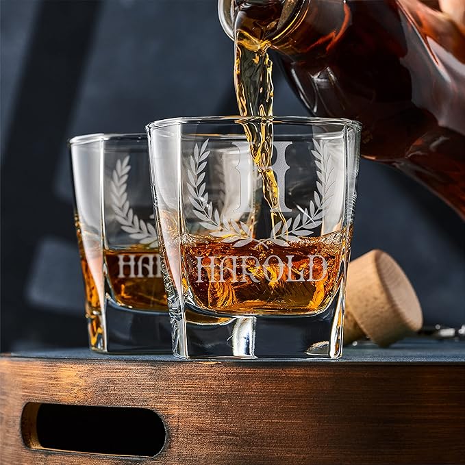 Customization Mill Set of 3, Monogrammed Whiskey Rocks Glasses w/ Name & Initial - Gifts for Men 9 Designs Personalized Bourbon Custom Birthday Dad, Old Fashioned Scotch