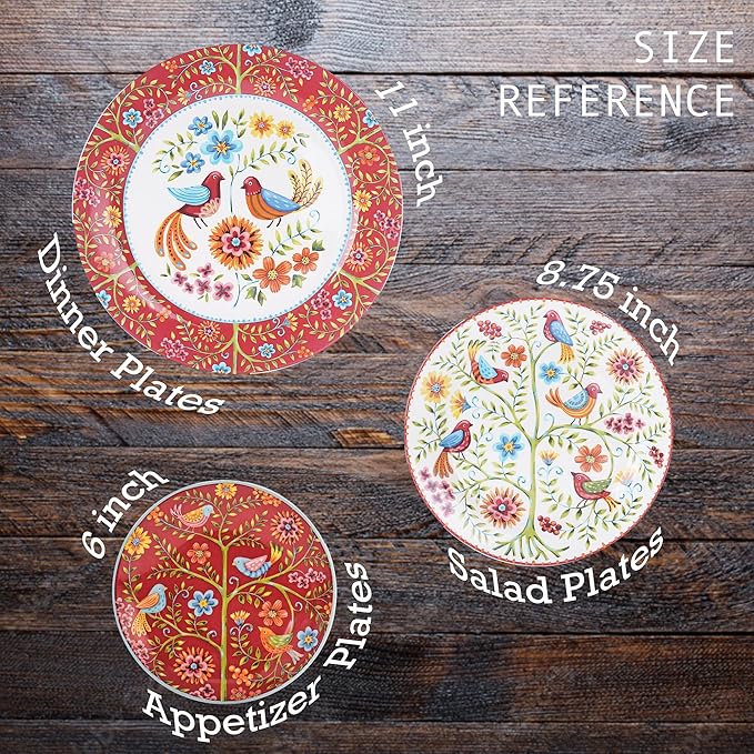 Bico Red Spring Bird Appetizer Plates Set of 6, 6 Inch Small Ceramic Dessert Plates for Snacks, Salad, Tablescape, Microwave and Dishwasher Safe, Gift for Housewarming and Thanksgiving