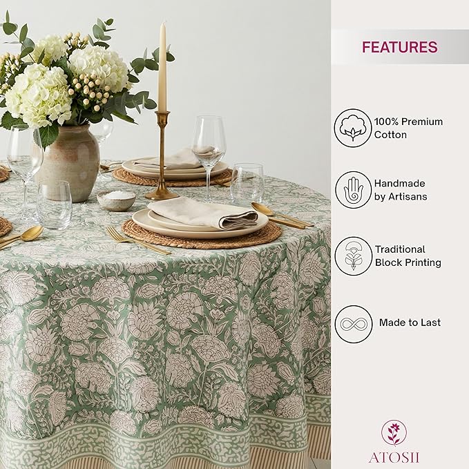 ATOSII Jade 100% Cotton Boho Round Tablecloth, Block Print Floral Table Cloth Linen for Dining, Parties, Weddings, Outdoors I Table Decor 90" Inches I