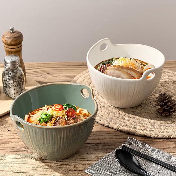 Ramen Bowl with Chopsticks and Spoons Set, 7 Inch Ceramic Noodle Bowl Set of 2, Dishwasher Safe for Pho Udon Soba Noodle Salad Pasta, Special Reactive Glazed Green Bowls Set