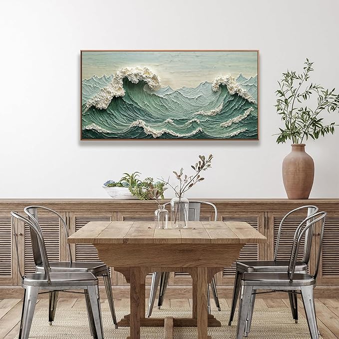 Sea Wave Abstract Wall Art Small Size Modern Green Canvas Wall Art Decor Painting Artwork Abstract Wall Decor Print Picture For Bedroom Office Home Decoration 20" X 40" With Framed