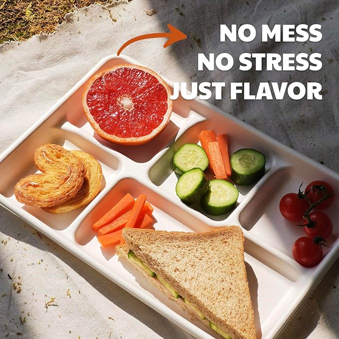 Compostable 5-Compartment Paper Plates, 100 Count, 12.5 x 8.6 inch, Disposable Divided Lunch Trays, Biodegradable Bagasse Sectional Plates for Buffet, Parties, Events & Daily Use, (White)