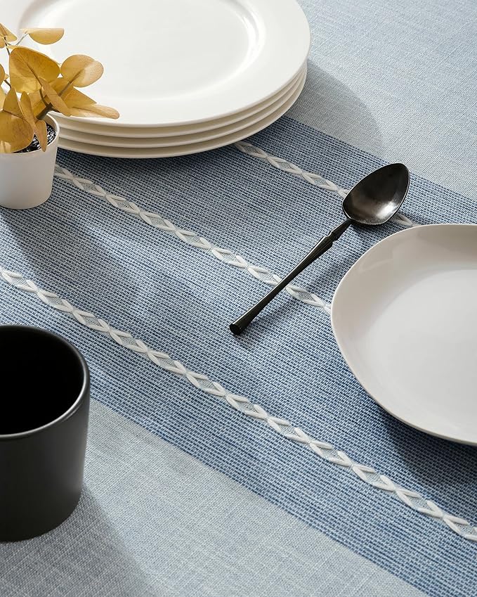 ZeeMart Contrast Linen Round Tablecloth 52 Inch Blue, Farmhouse Style Round Table Cloth Heavy Weight Dusty Blue Tablecloths, Water Resistant Burlap Table Cloths
