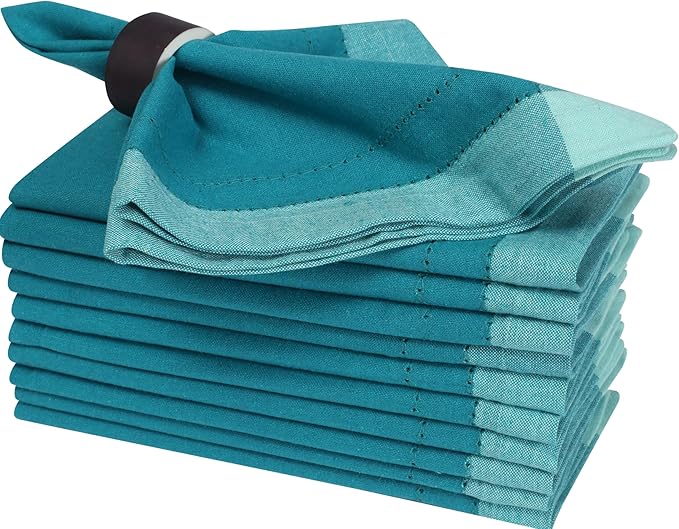 Bedding Craft Cotton Cloth Dinner Napkins Set of 12 – 20x20 Teal Multi Double Hemstitched – Machine Washable Reusable Fabric Napkins for Weddings & Dinner Tables