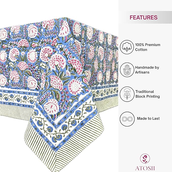 ATOSII Clover Pink 100% Cotton Fall Tablecloth, Handblock Print Rectangle Table Cover for Kitchen Dining Linen I Parties, Weddings, Outdoors, Easter Table Cloth Decor 60 X 108 Inches I 8 Seater