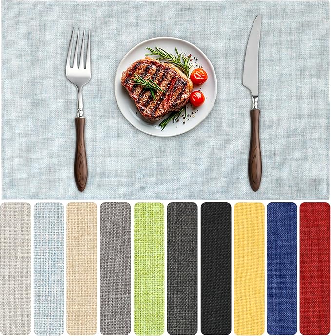 Blue Forest Placemats Set of 6, Dual-Layered Thickened Faux Linen Table Mats Heat Resistant Machine Washable Wrinkle Free Place Mats for Kitchen Dining Outdoor/Indoor (Sky Blue)