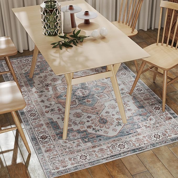 HOMCOM Washable Area Rug, 4'x6' Vintage Indoor Distressed Carpet, Retro Floor Cover Foldable, Floral Print Mat for Living Room, Bedroom, Dining Room, Brown and Light Blue