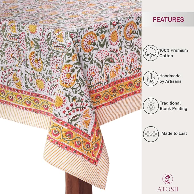 ATOSII Clover Yellow 100% Cotton Rectangle Fall Tablecloth, Handblock Floral Print Linen Table Cloth for Kitchen Dining I Parties, Outdoors, Christmas, Thanksgiving I 72 X 140 Inches I 12 Seater