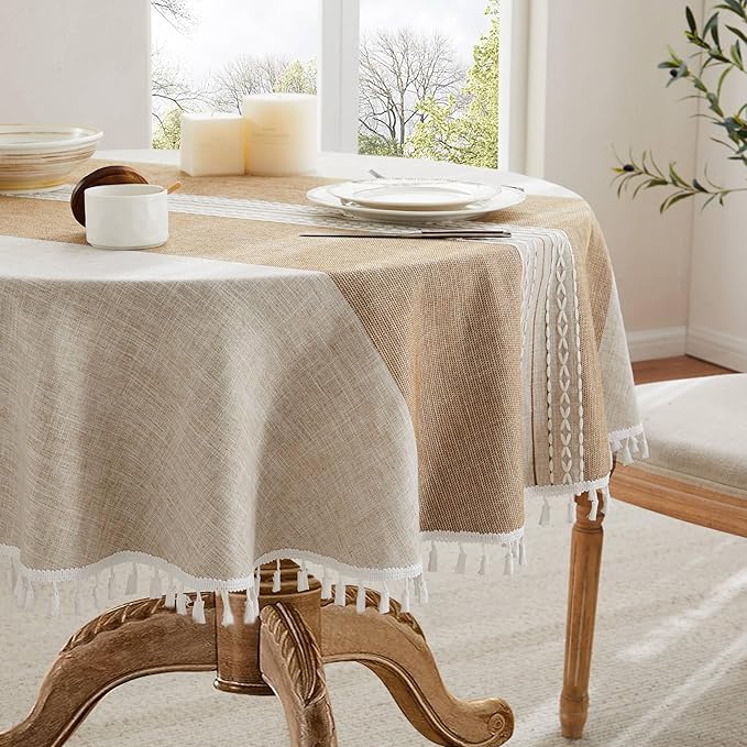 ZeeMart Contrast Linen Round Tablecloth 60 Inch Mid-Stripe Brown, Farmhouse Style Round Table Cloth Heavy Weight Beige Tablecloths, Water Resistant Burlap Table Cloths