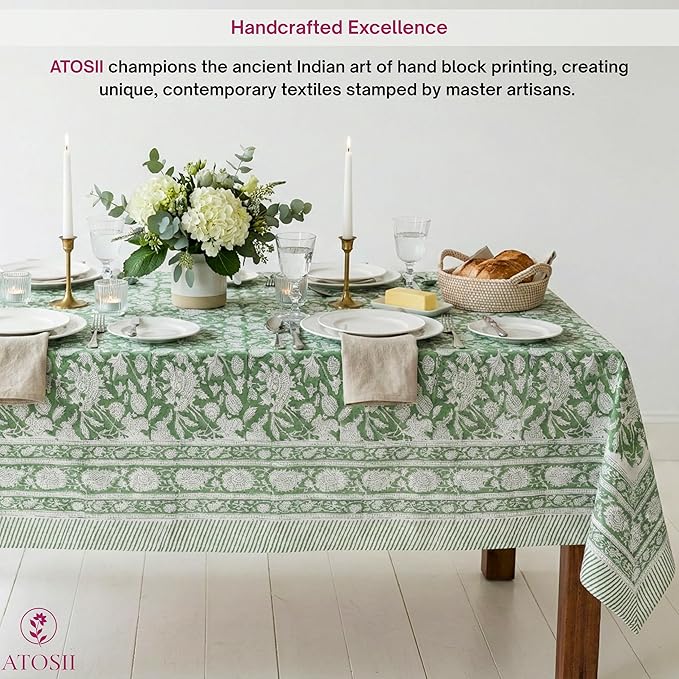 ATOSII Meraki Green 100% Cotton Spring Summer Tablecloth, Block Print Rectangle Table Cover - Dining, Parties, Outdoors, Weddings, Grand Millennial Decor 60 X 60 Inches I 4 Seater I