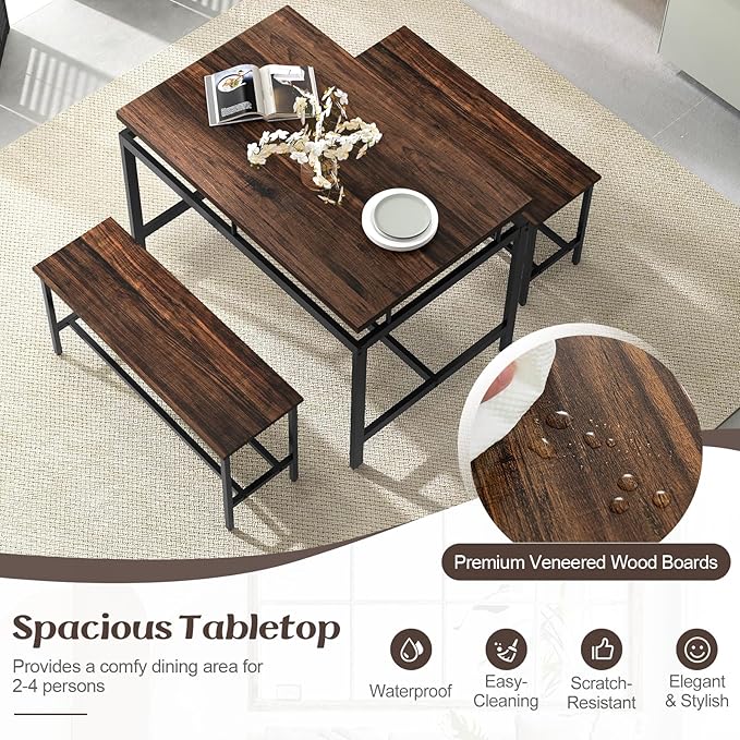 Giantex Kitchen Table Chairs Set of 3 - Dining Table Set for 4 with 2 Benches, Metal Frame, Space-Saving Dinette Table Set for 4, Small Places Breakfast Nook Table Set, Kitchen Table Set, Brown