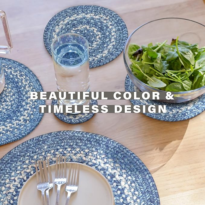 Homespice Denim Jute Braided Kitchen Trivets for Hot Dishes, Country Coastal Decor, Set of 6, Blue 8" Round Heat Resistant Mats - Rich Colors, Easy to Clean, Durable and Protects Furniture