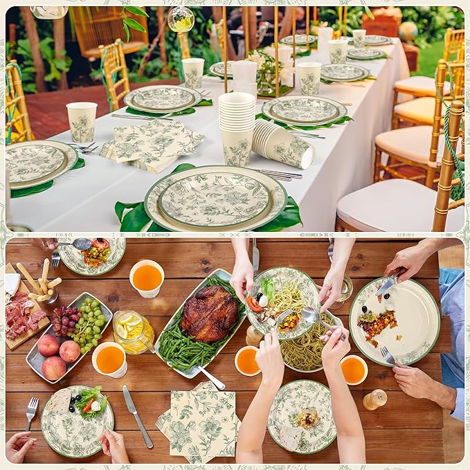 Kochorie 96 Pieces Sage Green Floral Party Supplies Elegant Floral Disposable Tableware Set Includes 9 Inch and 7 Inch Paper Plates, Cups, Napkins Serves 24 Guests for Birthday Baby Shower Wedding