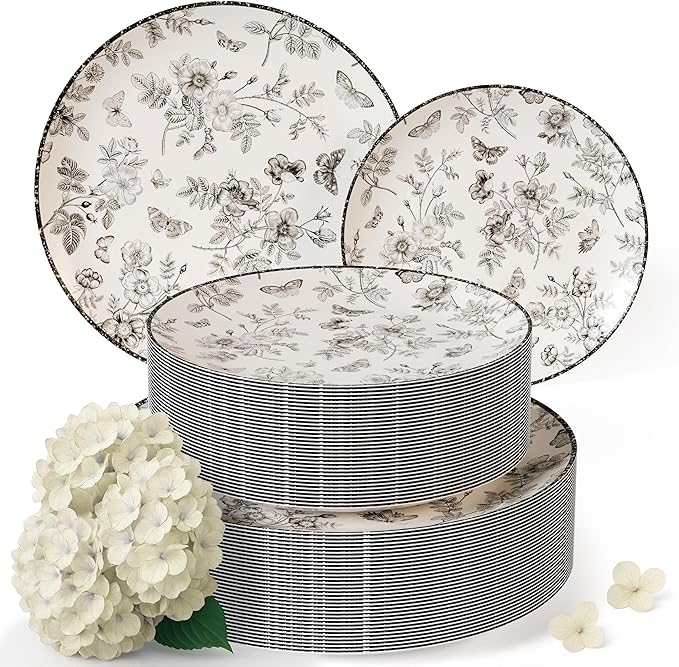 Trendables Disposable Plates For Party Supplies | Black Floral Plastic Plates For Wedding 200 Pcs - 100 X 8 & 100 X 10 Dinner Plate Sets | Floral Plate Set Disposable Plastic Dinnerware Sets